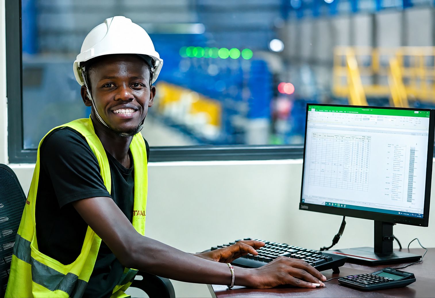 Tarmal Steel careers — skilled worker in safety gear and hard hat operating systems at Kenya steel factory